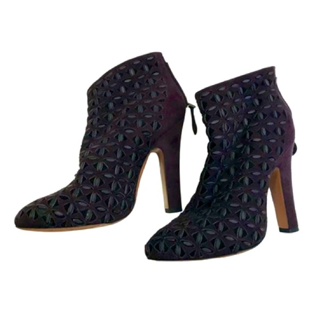 Alaia Two-toned Laser Cut Ankle Booties In Purple Suede with Velcro Clasp